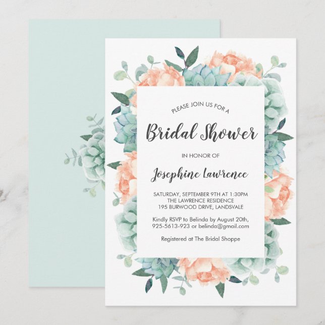 Invitación Peony & Succulum Watercolor Bridal Shower (Anverso / Reverso)