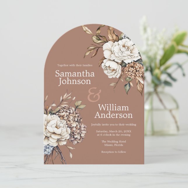Invitación Peony y Hydrangea Mocha Mousse Boda (Anverso de pie)