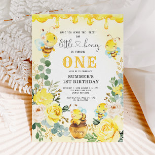 Invitación Pequeña Abeja Amarilla Floral Primer Fiesta de cum