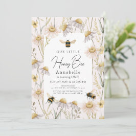 Invitación Pequeña Abeja Chamomile Rosa Primer cumpleaños