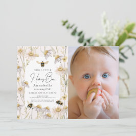 Invitación Pequeña Abeja Chamomile Rosa Primer cumpleaños Fot