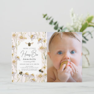 Invitación Pequeña Abeja Chamomile Rosa Primer cumpleaños Fot