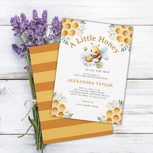 Invitación Pequeña Abeja Cubierta de miel Whimsical Baby Show (little honey bee baby girl shower invitation watercolor illustration cute adorable whimsical floral)