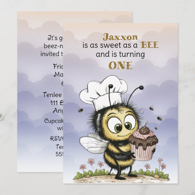 Invitación Pequeña Abeja Cumpleaños Uno Niño (Anverso / Reverso)