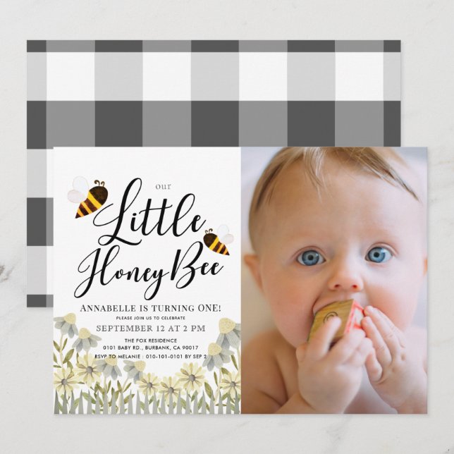 Invitación Pequeña Abeja Daisy Foto de primer cumpleaños (Anverso / Reverso)