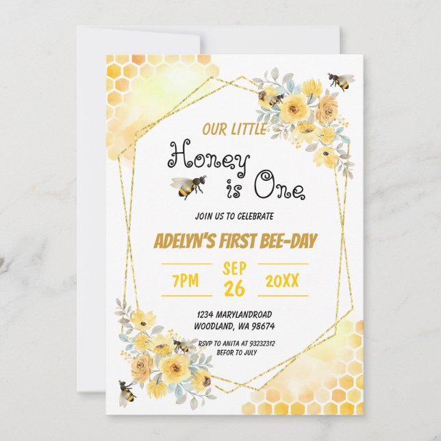 Invitación Pequeña Abeja de acuarela floral de miel (Anverso)