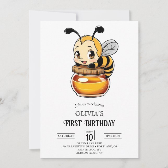 Invitación Pequeña Abeja Digital Primer Cumpleaños (Anverso)