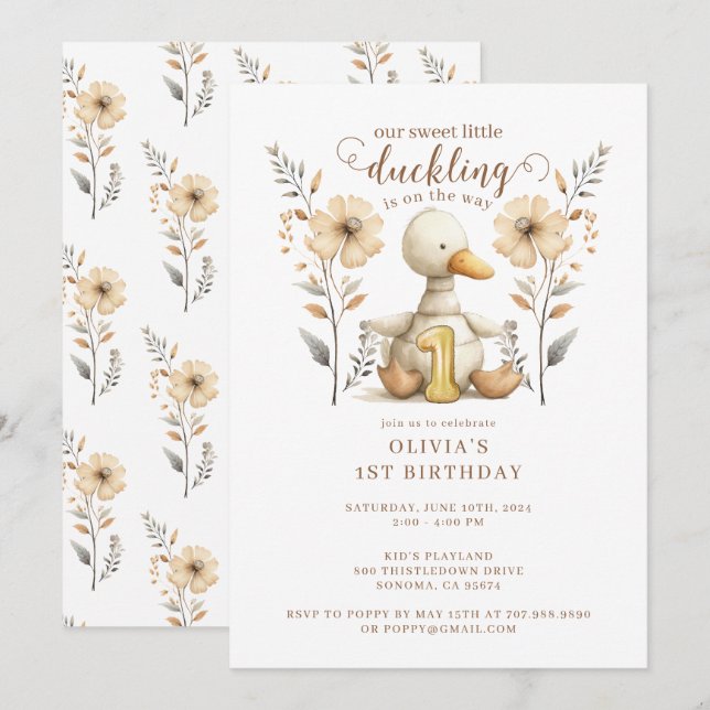 Invitación Pequeña acuarela de Duckling primer cumpleaños (Anverso / Reverso)