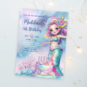 Invitación Pequeña Acuarela De Sirena Bajo El Cumpleaños Del 
