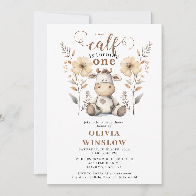 Invitación Pequeña Acuarela Granja Calf 1er cumpleaños (Anverso)