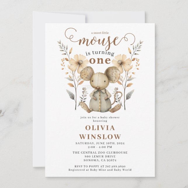 Invitación Pequeña acuarela Ratón primer cumpleaños (Anverso)