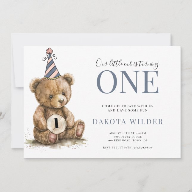 Invitación Pequeña acuarela Teddy Bear girando un cumpleaños (Anverso)