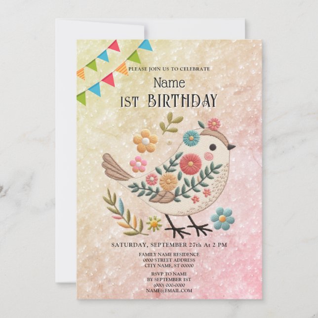 Invitación Pequeña ave deja flores fiesta de cumpleaños rosad (Anverso)