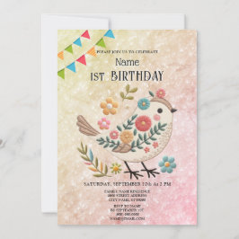 Invitación Pequeña ave deja flores fiesta de cumpleaños rosad