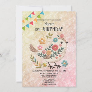 Invitación Pequeña ave deja flores fiesta de cumpleaños rosad