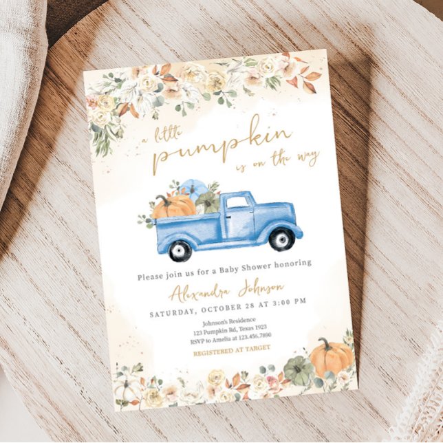 Invitación Pequeña Baby Shower de calabaza azul (Pumpkin Blue Truck Baby Shower Invitation)