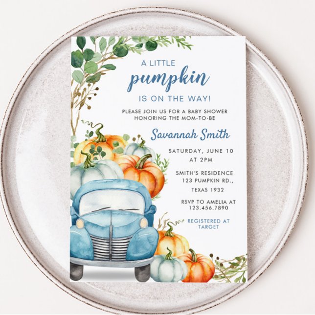Invitación Pequeña Baby Shower de calabaza azul (Fall Pumpkin Blue Truck Baby Shower Invitation)