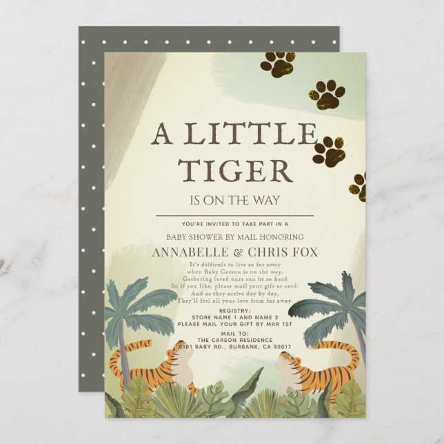 Invitación Pequeña Baby Shower de la jungla de safari de tigr (Anverso / Reverso)