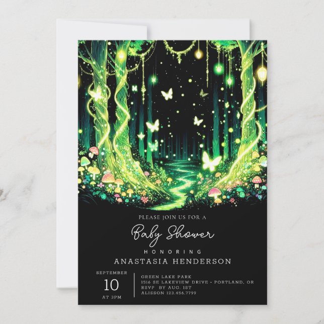 Invitación Pequeña Baby Shower mágica encantada de bosque (Anverso)