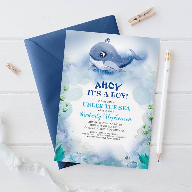 Invitación Pequeña ballena náutica bajo el mar Baby Shower (Ahoy It's A Boy Cute Little Whale Navy Blue Nautical Baby Shower Invitations)