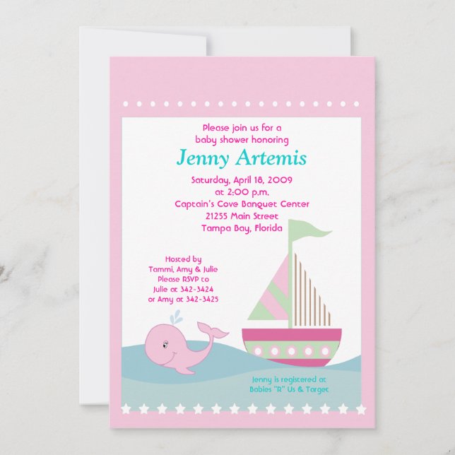 Invitación Pequeña ballena rosa barco de vela Baby Shower 5x7 (Anverso)