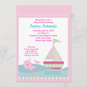 Invitación Pequeña ballena rosa barco de vela Baby Shower 5x7