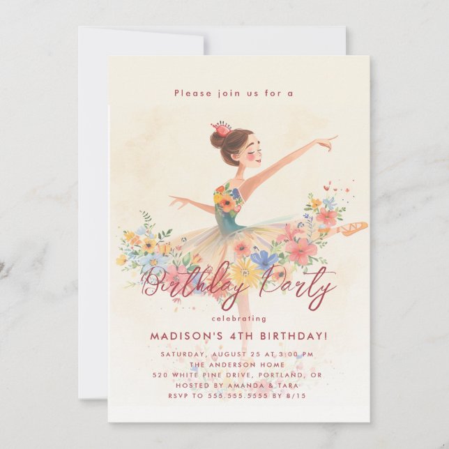 Invitación Pequeña Ballerina y fiesta floral de cumpleaños (Anverso)