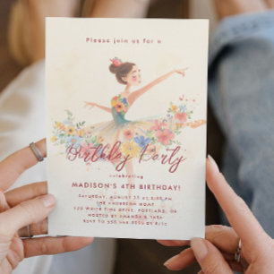 Invitación Pequeña Ballerina y fiesta floral de cumpleaños