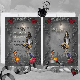 Invitación Pequeña bruja de esqueleto y cuervo