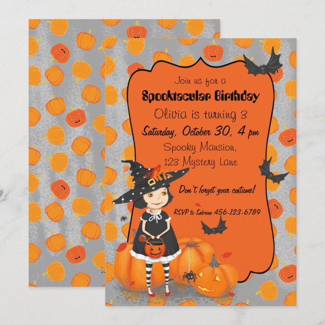 Invitación Pequeña Bruja de Halloween (Anverso / Reverso)