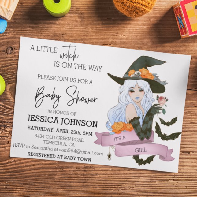 Invitación Pequeña Bruja en el camino a Baby Shower Halloween (Subido por el creador)