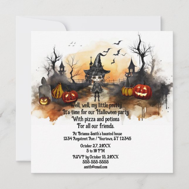 Invitación Pequeña Bruja linda fiesta de Halloween (Anverso)