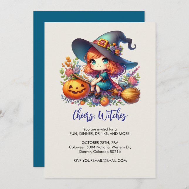 Invitación pequeña bruja linda vestida de azul, Halloween (Anverso / Reverso)