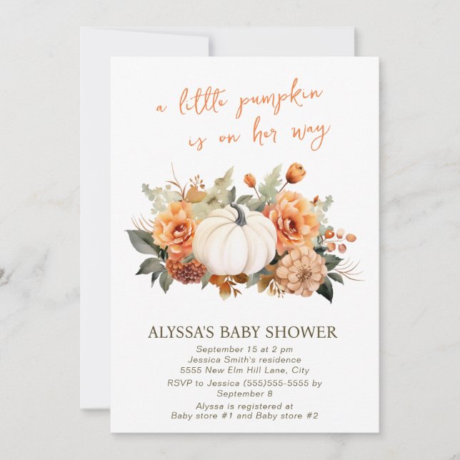 Invitación Pequeña calabaza acuarela Floral Chica Baby Shower (Anverso)