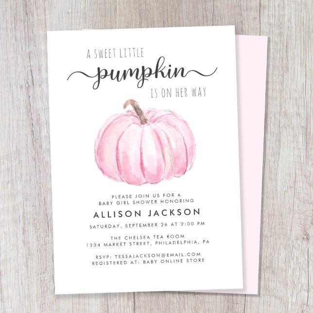 Invitación Pequeña Calabaza Acuarela Niña Ducha (Celebrate the upcoming arrival of your autumn baby girl with a pink pumpkin-themed baby shower)