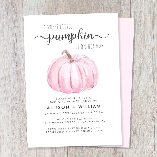 Invitación Pequeña Calabaza Acuarela Niña Ducha De Parejas (Celebrate the upcoming arrival of your autumn baby girl with a pumpkin-themed couple's baby shower)
