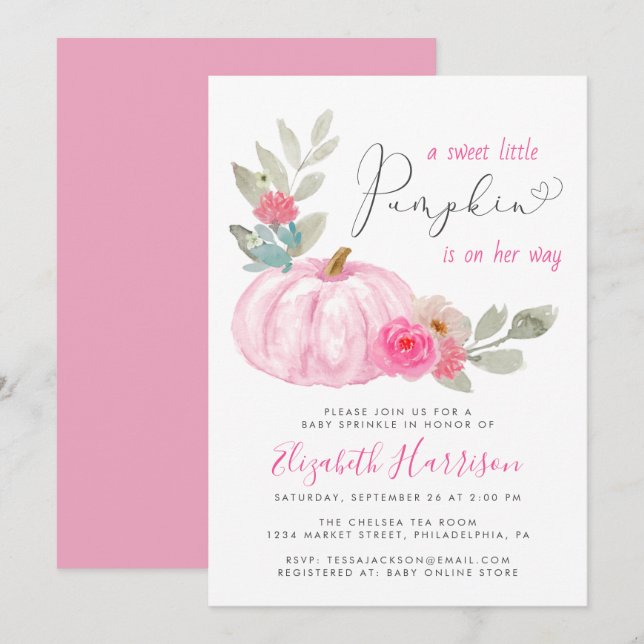 Invitación Pequeña Calabaza Acuarela Niña Espolvorea (Anverso / Reverso)