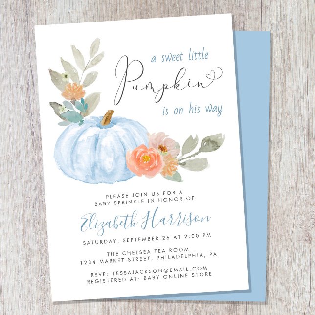 Invitación Pequeña Calabaza Acuarela Niño Espolvorear (Celebrate the upcoming arrival of your sweet little autumn baby with a pumpkin-themed baby sprinkle)