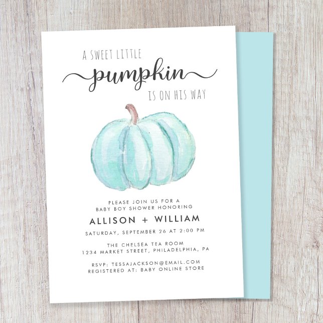 Invitación Pequeña Calabaza Acuarela Niño Pareja Ducha (Celebrate the upcoming arrival of your autumn baby boy with a pumpkin-themed baby shower)