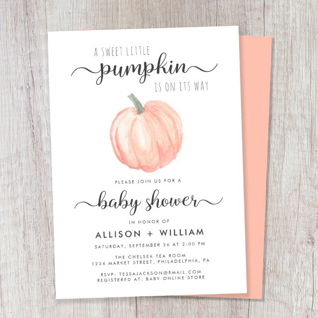 Invitación Pequeña Calabaza Acuarela Parejas Baby Shower (Celebrate the upcoming arrival of your autumn baby with a pumpkin-themed couple's baby shower)