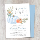 Invitación Pequeña Calabaza Acuática Bebé Ducha<br><div class="desc">Una encantadora y bonito invitación a ducharse con un bebé con "una calabaza dulce en camino" escrita en una mezcla de tipografía azul y un elegante guión gris suave con un latido cardíaco, y un ramo acuarela de calabaza azul pastel, flores naranjas y vegetación. Personaliza el nombre de la madre...</div>