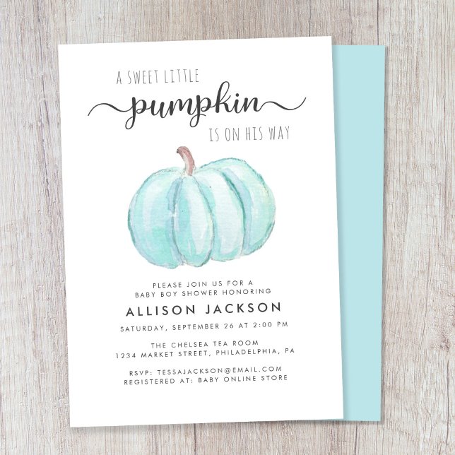 Invitación Pequeña Calabaza Acuática Bebé Ducha (Celebrate the upcoming arrival of your autumn baby boy with a pumpkin-themed baby shower)