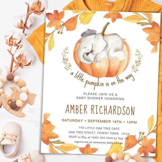 Invitación Pequeña Calabaza Autumn Elephant Boy Baby Shower (Subido por el creador)