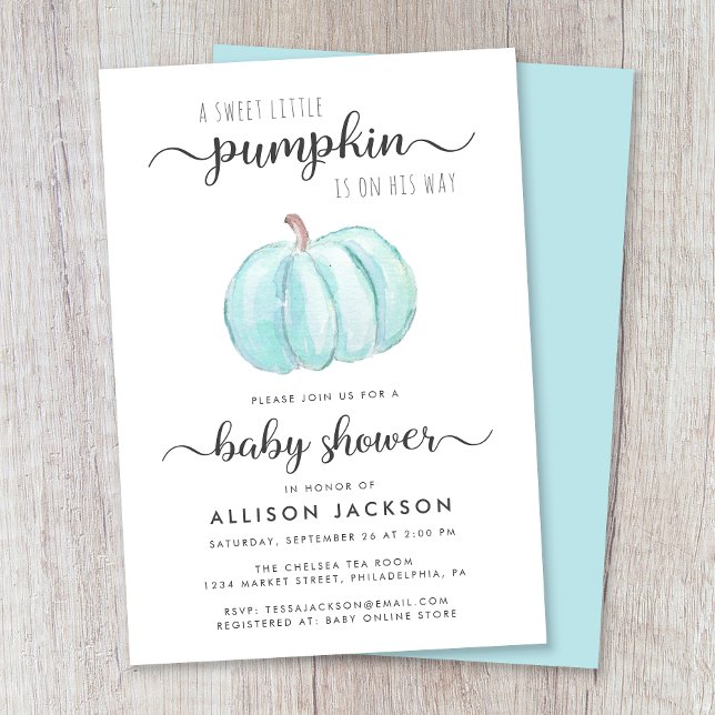Invitación Pequeña Calabaza Azul Acuarela Bebé Ducha (Celebrate the upcoming arrival of your autumn baby boy with a pumpkin-themed baby shower)