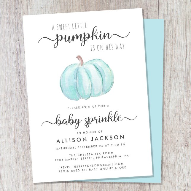 Invitación Pequeña Calabaza Azul Acuarela Bebé Espolvorear (Celebrate the upcoming arrival of your little autumn baby boy with a pumpkin-themed baby sprinkle)