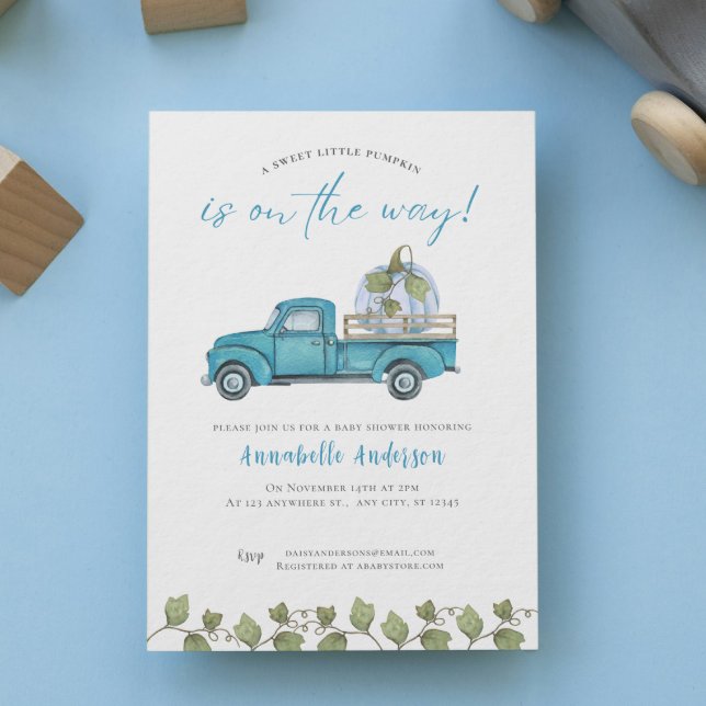 Invitación Pequeña Calabaza Azul acuarela Boy Baby Shower (Little Pumpkin Blue watercolor Boy Baby Shower Invitation)