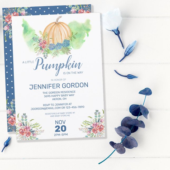 Invitación Pequeña Calabaza Azul Caída Floral Niño Baby Showe (Subido por el creador)