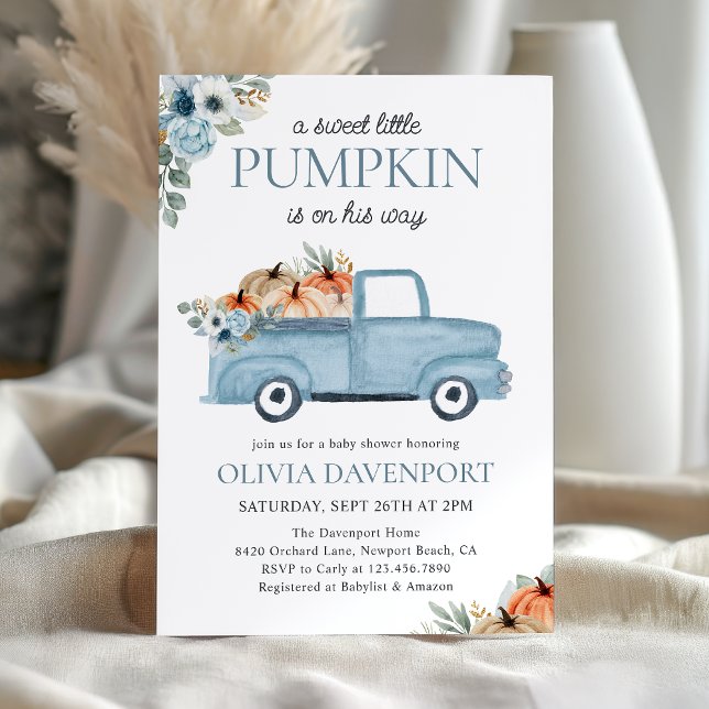 Invitación Pequeña calabaza Azul Camión Cae Chico Baby Shower (Subido por el creador)