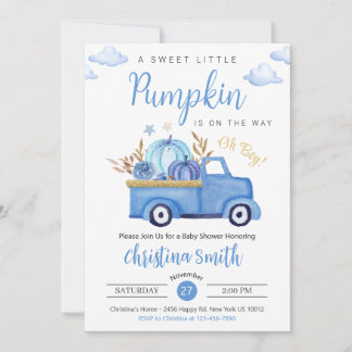Invitación Pequeña Calabaza Azul Camión Rústico Bebé Ducha