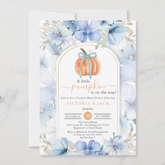 Invitación Pequeña Calabaza Azul Jardín Floral Cae Baby Showe (Anverso)